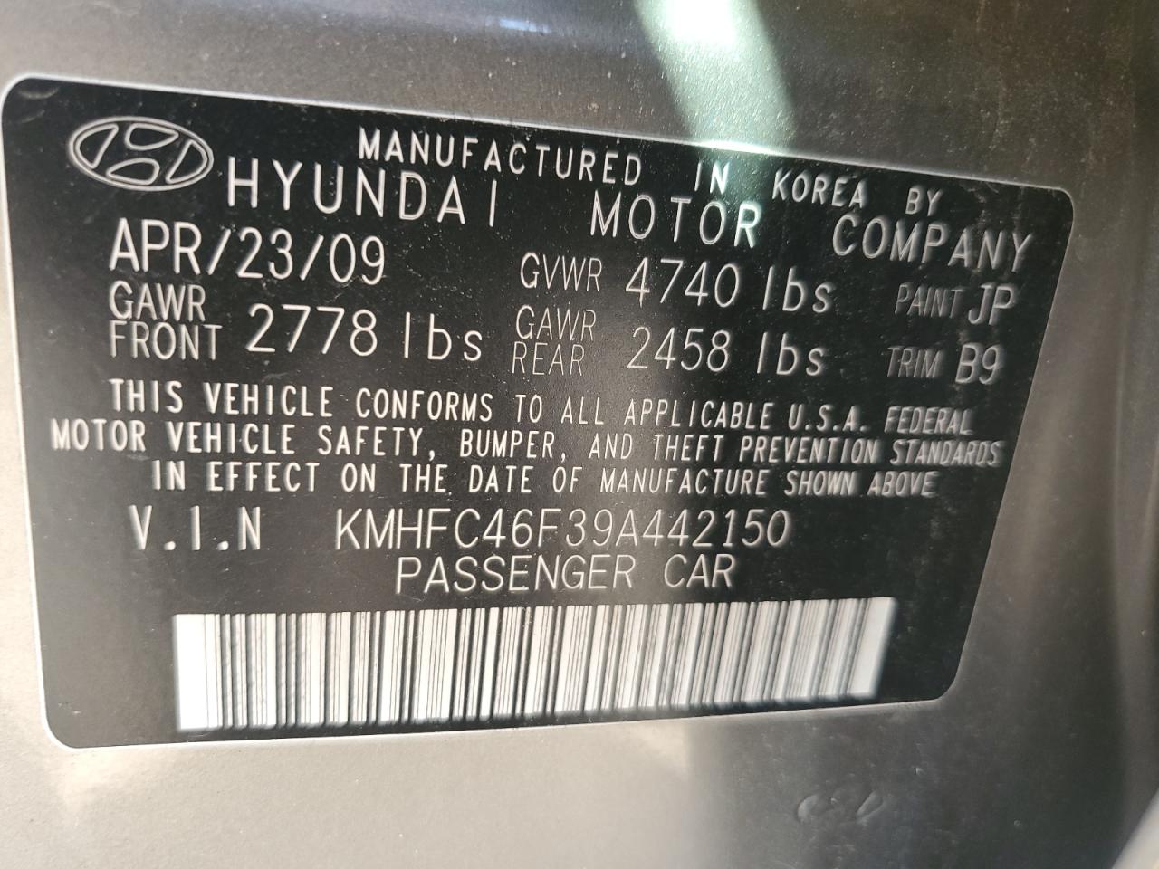 2009 Hyundai Azera Se VIN: KMHFC46F39A442150 Lot: 82528255