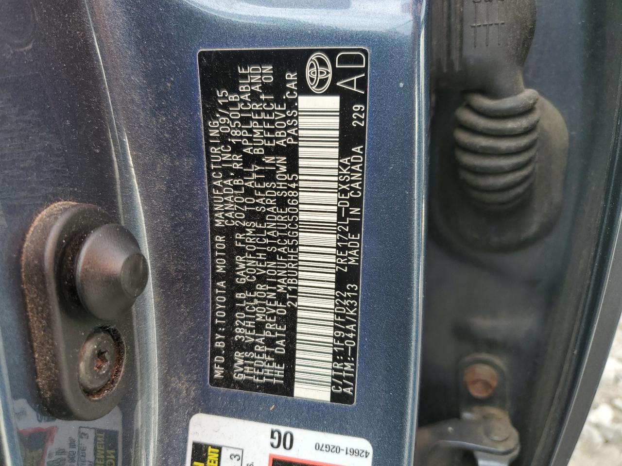 2016 Toyota Corolla L VIN: 2T1BURHE5GC506845 Lot: 90092045