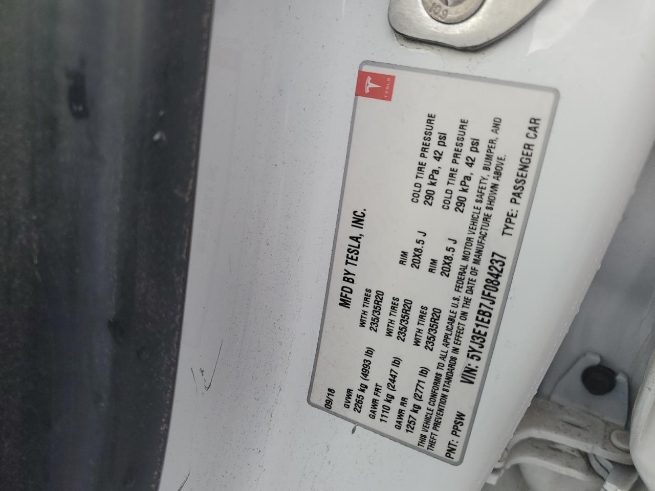 2018 Tesla Model 3 VIN: 5YJ3E1EB7JF084237 Lot: 85581935