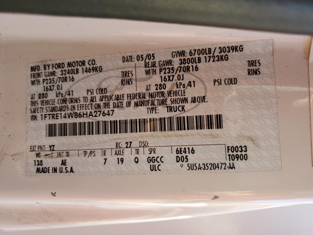 2006 Ford Econoline E150 Van VIN: 1FTRE14W86HA27647 Lot: 90568745