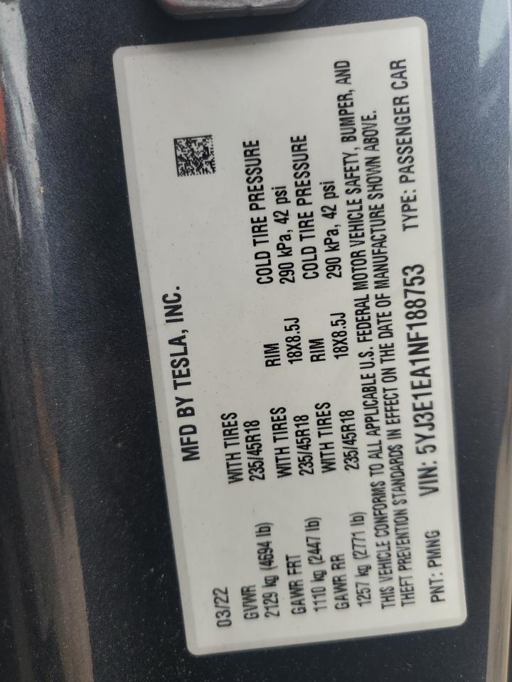 2022 Tesla Model 3 VIN: 5YJ3E1EA1NF188753 Lot: 85887105