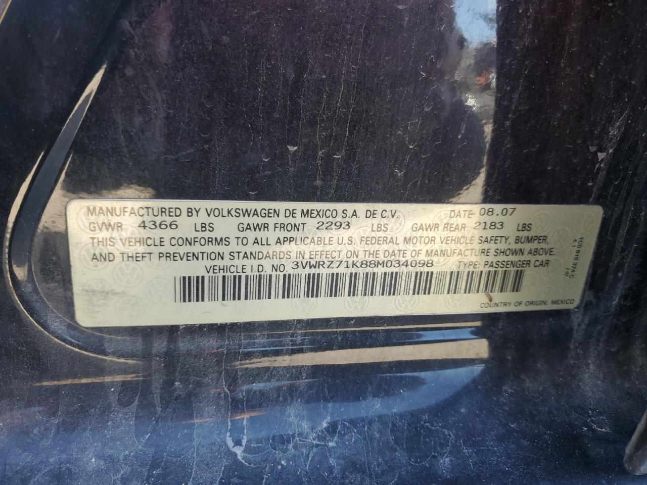 2008 Volkswagen Jetta Se VIN: 3VWRZ71K88M034098 Lot: 86696645