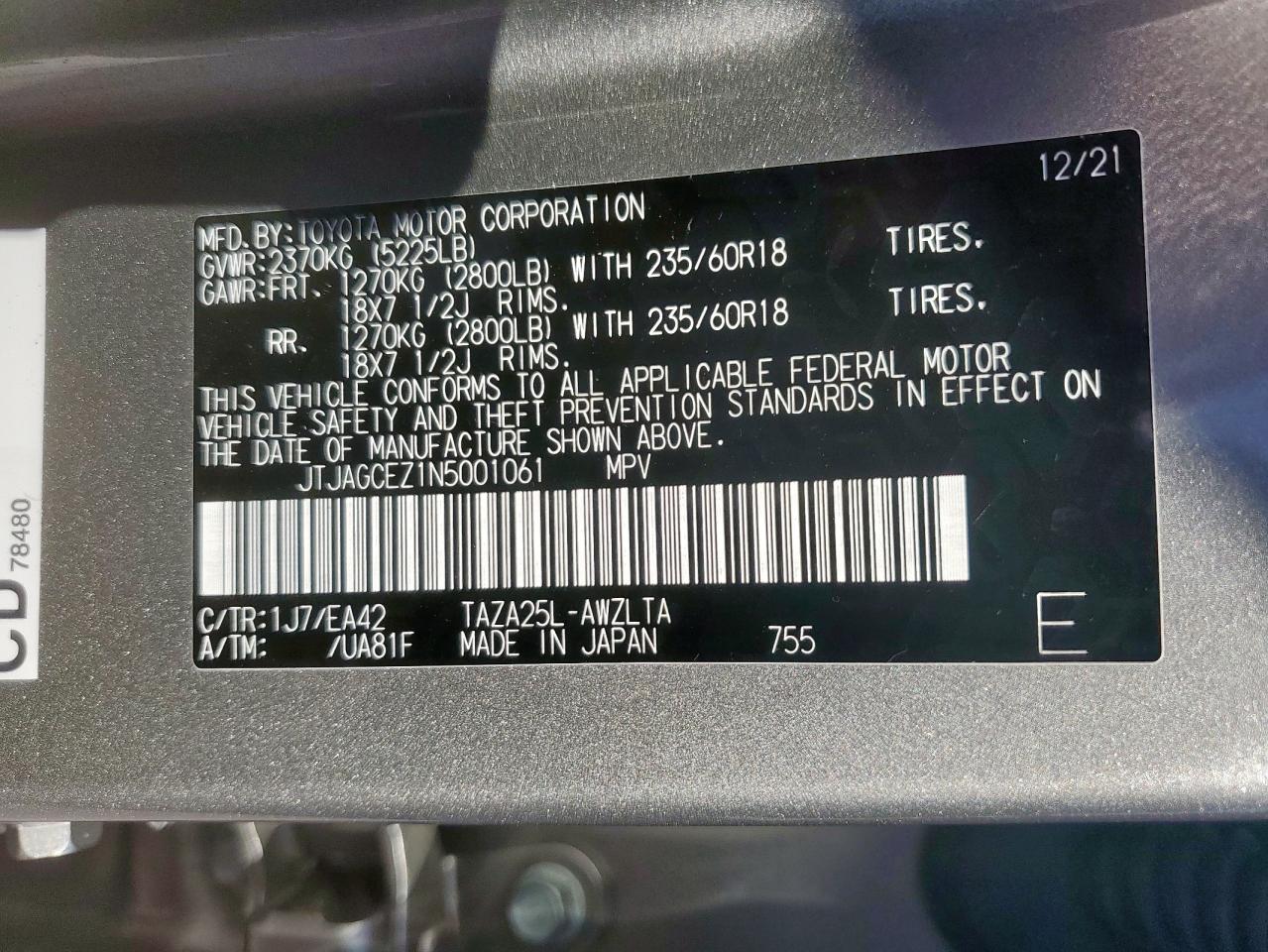 2022 Lexus Nx 350 VIN: JTJAGCEZ1N5001061 Lot: 82248445