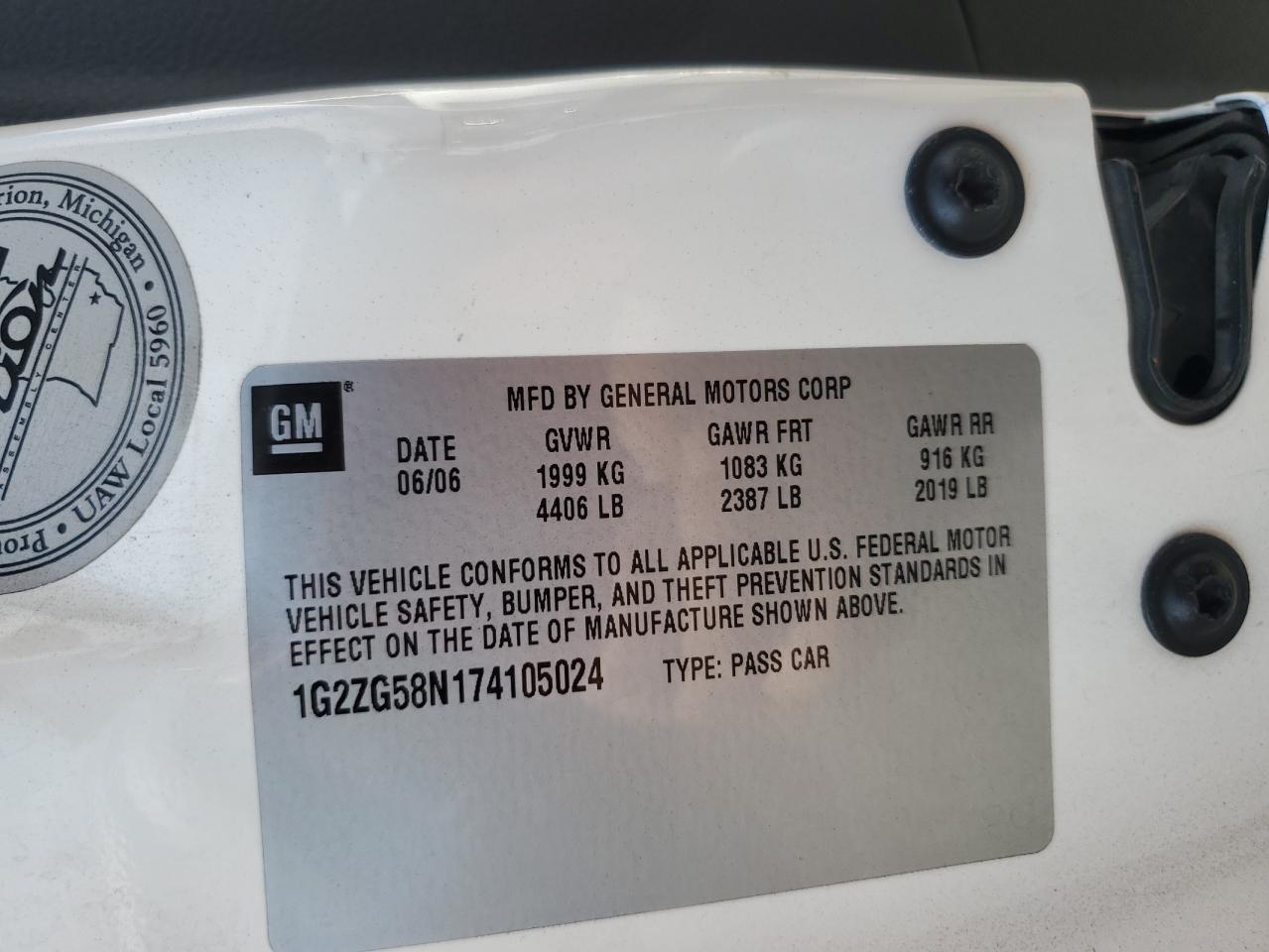 2007 Pontiac G6 Base VIN: 1G2ZG58N174105024 Lot: 84919645