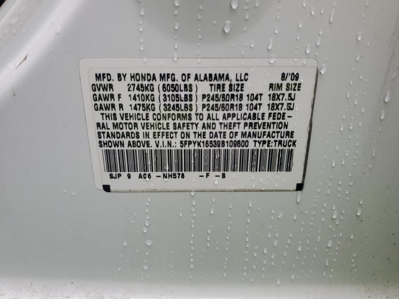 2009 Honda Ridgeline Rtl VIN: 5FPYK16539B109600 Lot: 82585975