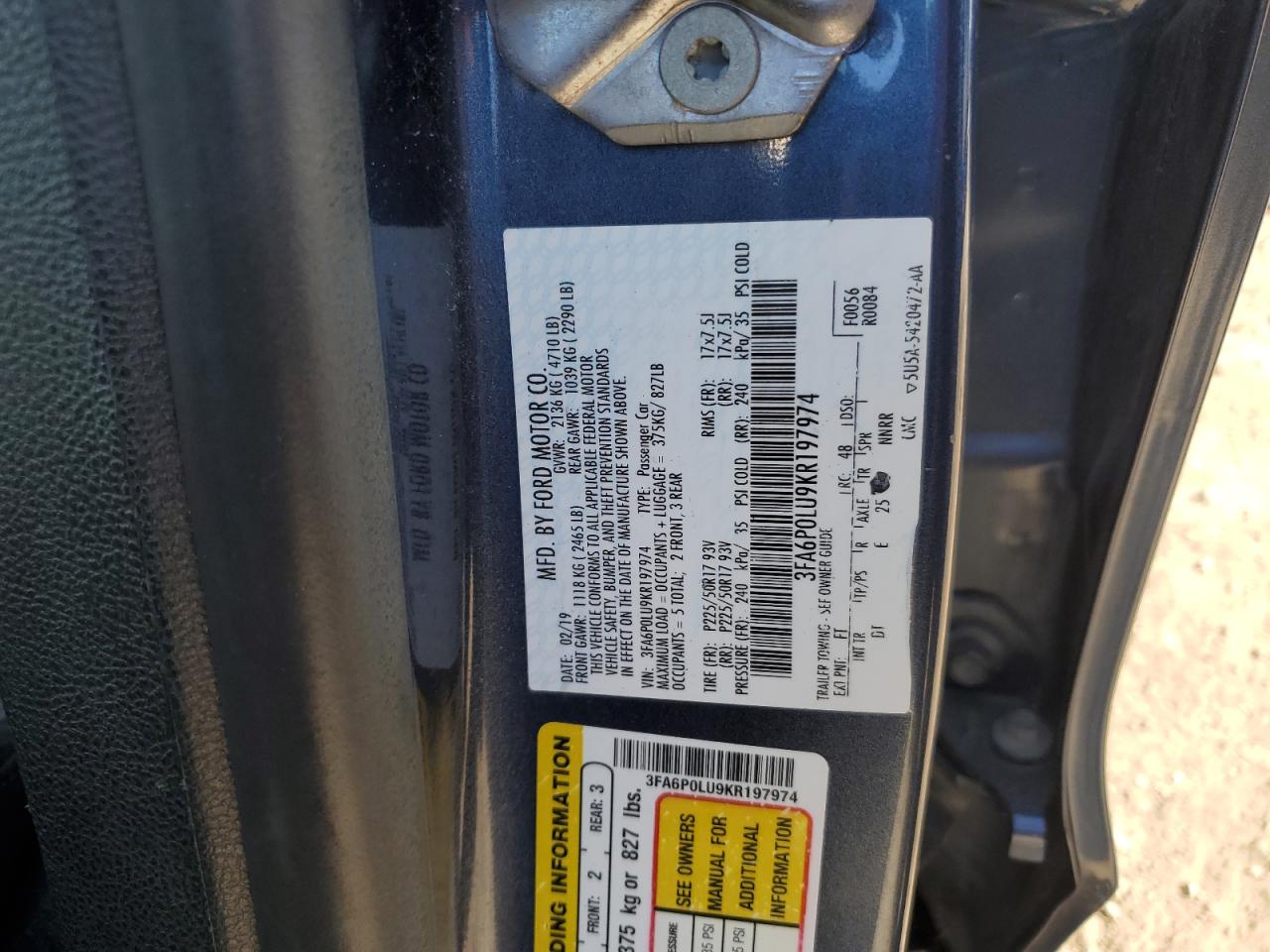 2019 Ford Fusion Se VIN: 3FA6P0LU9KR197974 Lot: 82208625