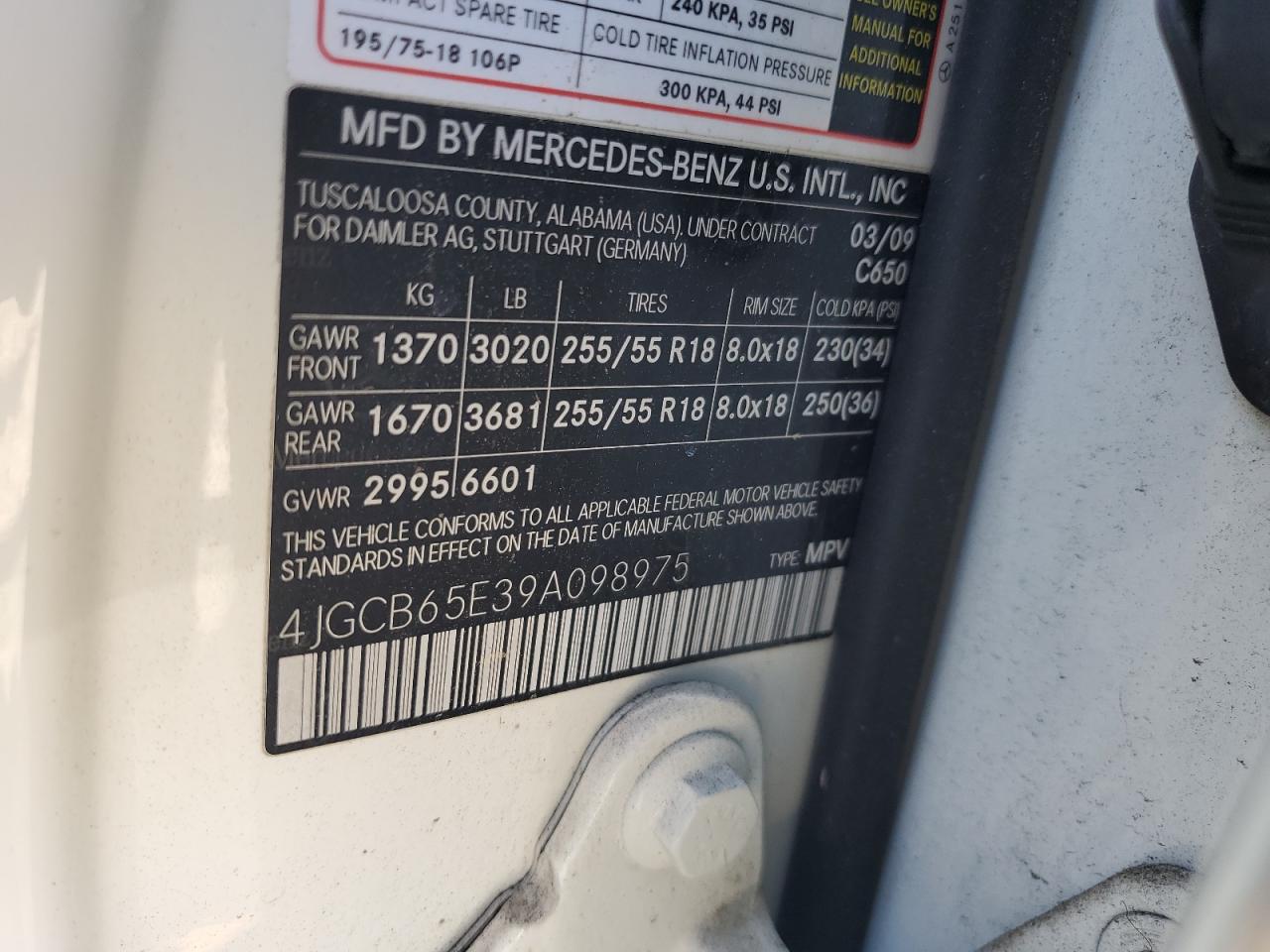 2009 Mercedes-Benz R 350 4Matic VIN: 4JGCB65E39A098975 Lot: 84291055