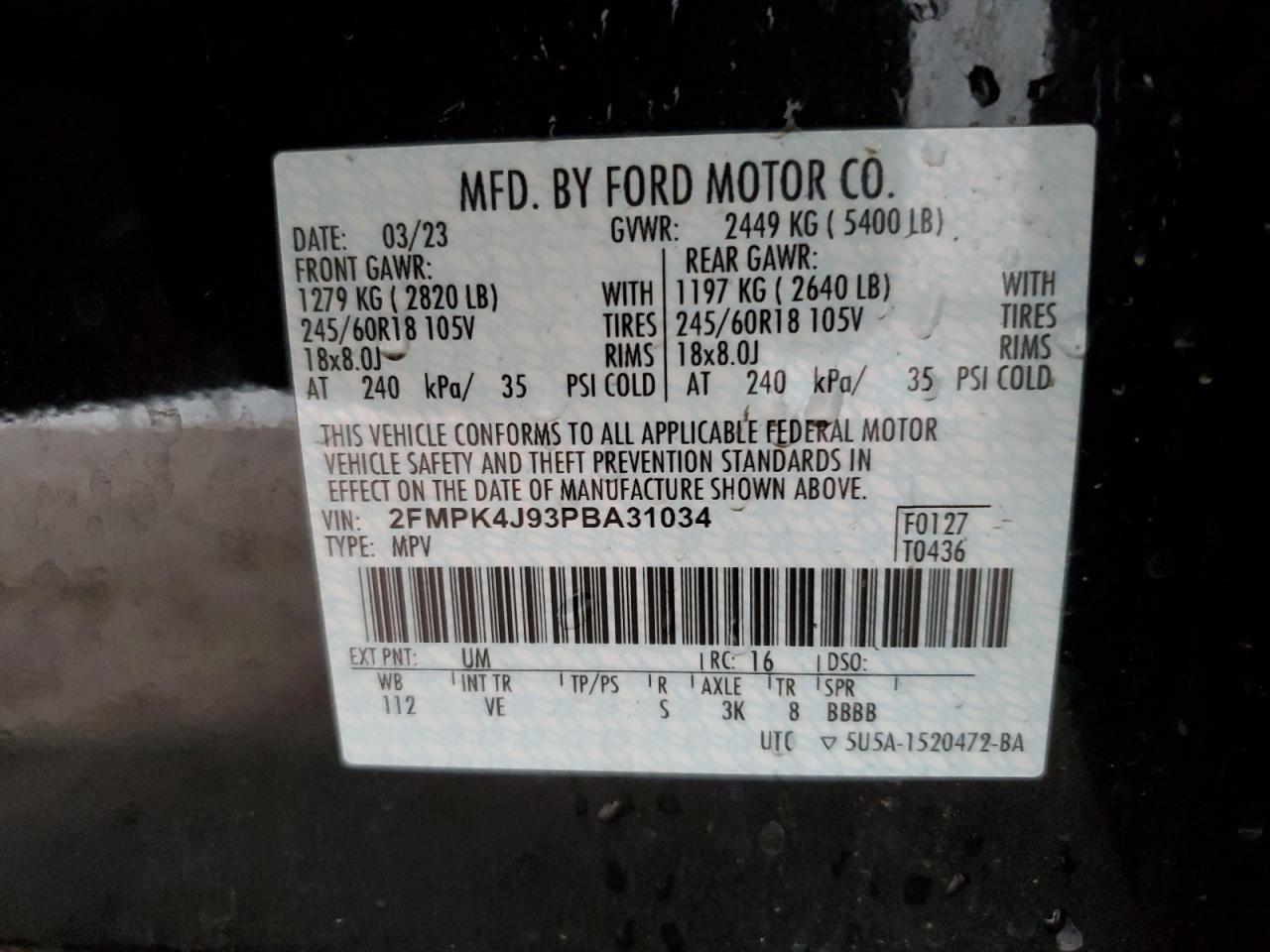 2023 Ford Edge Sel VIN: 2FMPK4J93PBA31034 Lot: 85513075