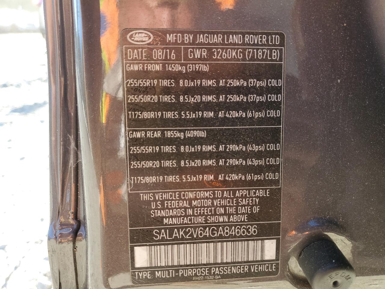 2016 Land Rover Lr4 Hse Luxury VIN: SALAK2V64GA846636 Lot: 81978255