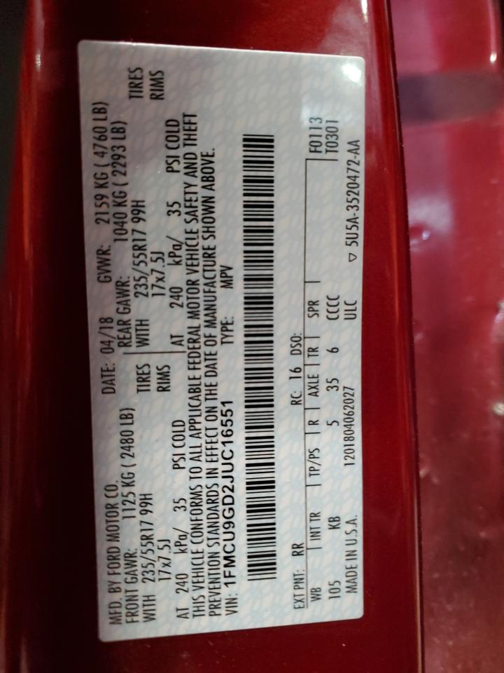 2018 Ford Escape Se VIN: 1FMCU9GD2JUC16551 Lot: 85591145