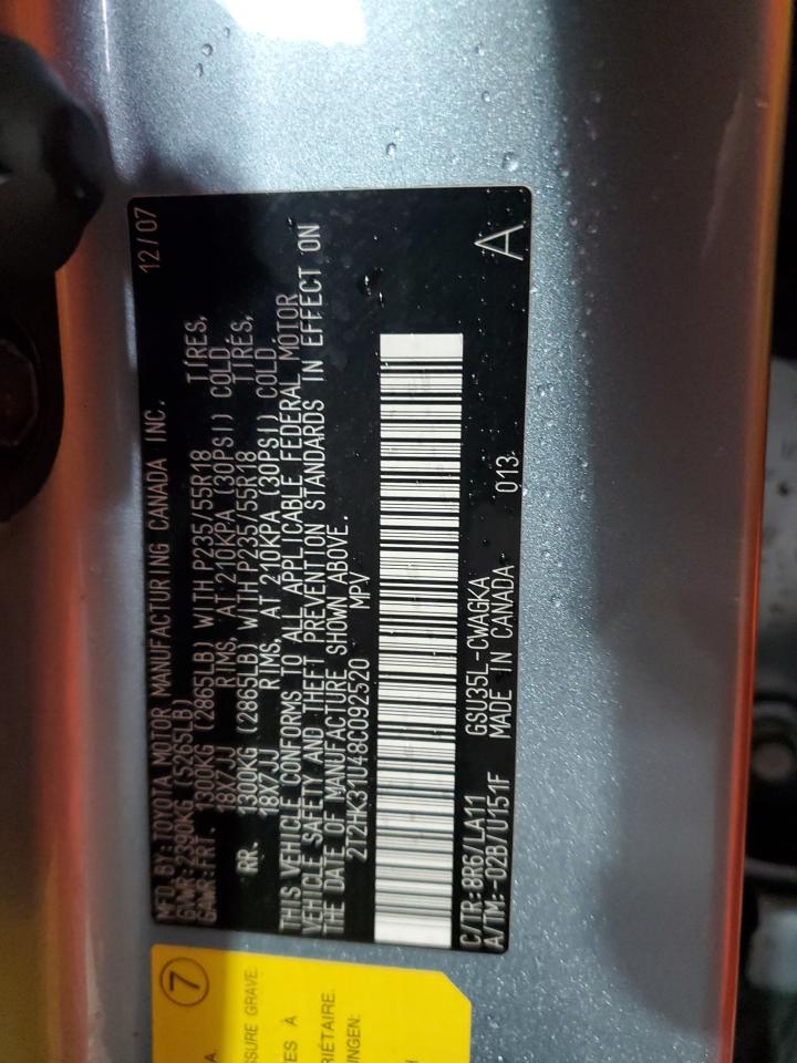 2008 Lexus Rx 350 VIN: 2T2HK31U48C092520 Lot: 85060755