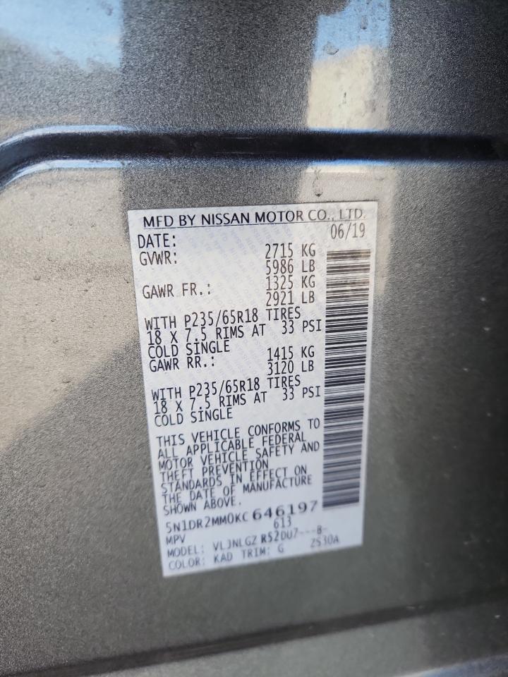 2019 Nissan Pathfinder S VIN: 5N1DR2MM0KC646197 Lot: 85935825