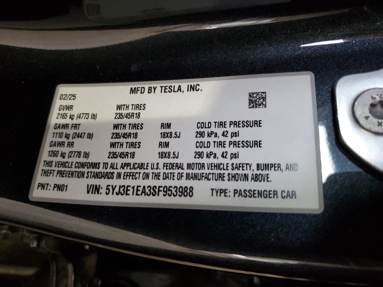 2025 Tesla Model 3 VIN: 5YJ3E1EA3SF953988 Lot: 85491765