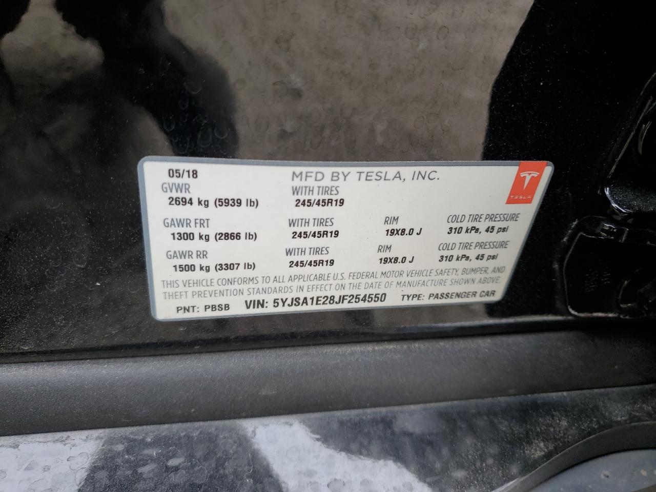 2018 Tesla Model S VIN: 5YJSA1E28JF254550 Lot: 90595555