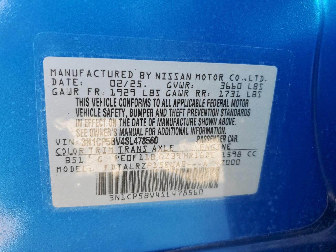 2025 Nissan Kicks Play S VIN: 3N1CP5BV4SL478560 Lot: 85493845