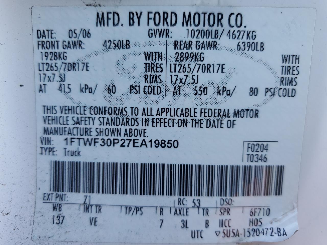 2007 Ford F350 Srw Super Duty VIN: 1FTWF30P27EA19850 Lot: 86341315