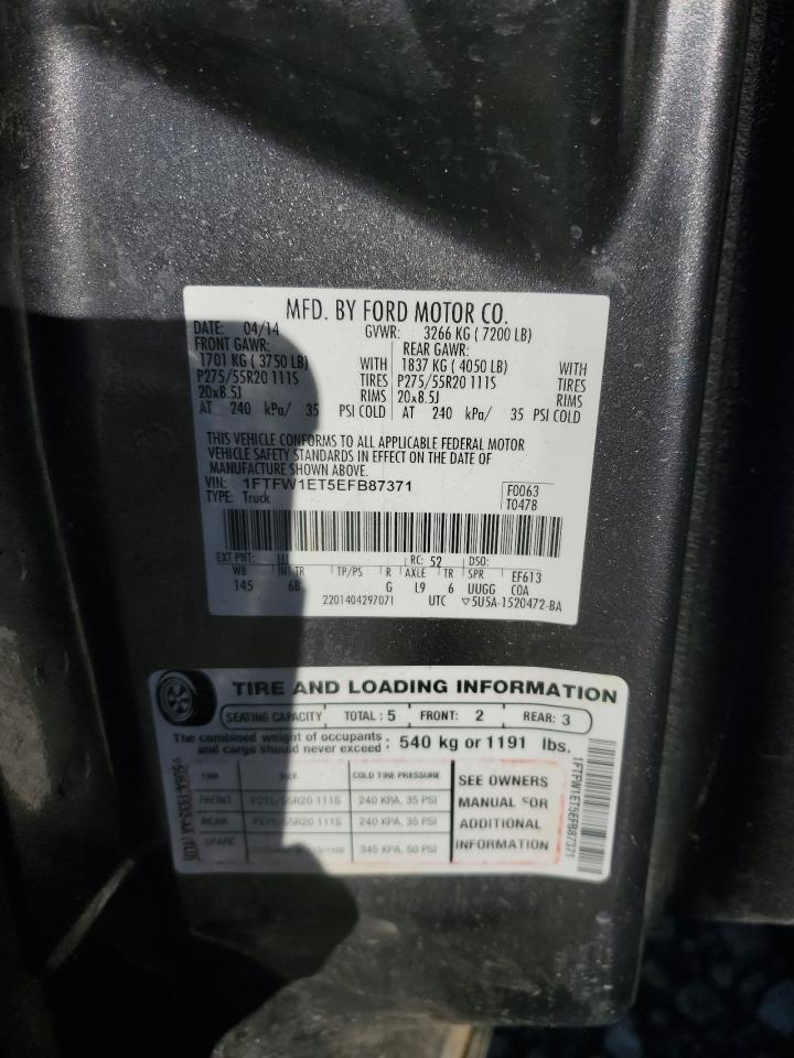 2014 Ford F150 Supercrew VIN: 1FTFW1ET5EFB87371 Lot: 82651375