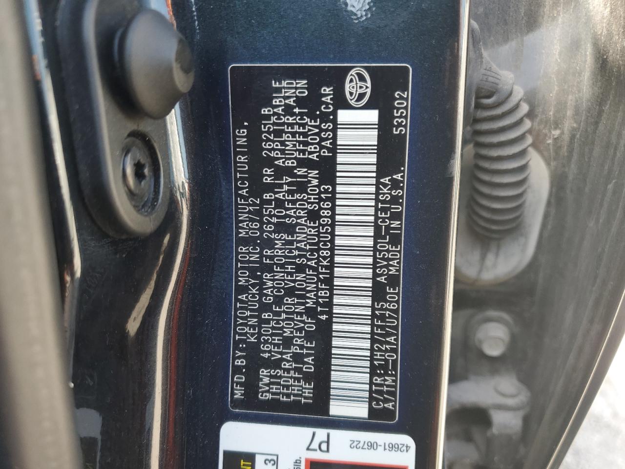 2012 Toyota Camry Base VIN: 4T1BF1FK8CU598613 Lot: 81960615