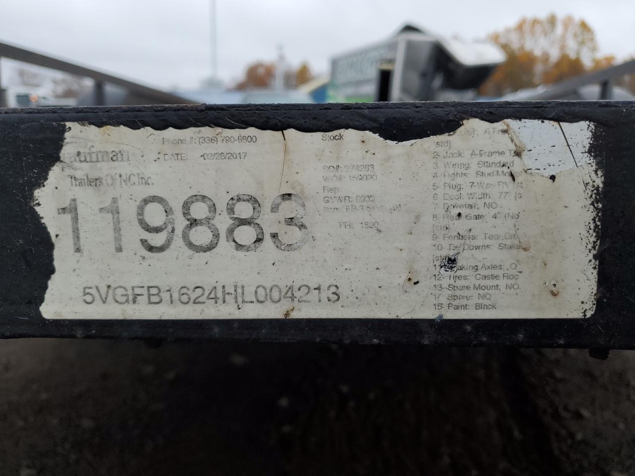 2017 Kaufman Utility Trailer VIN: 5VGFB1624HL004213 Lot: 90979075