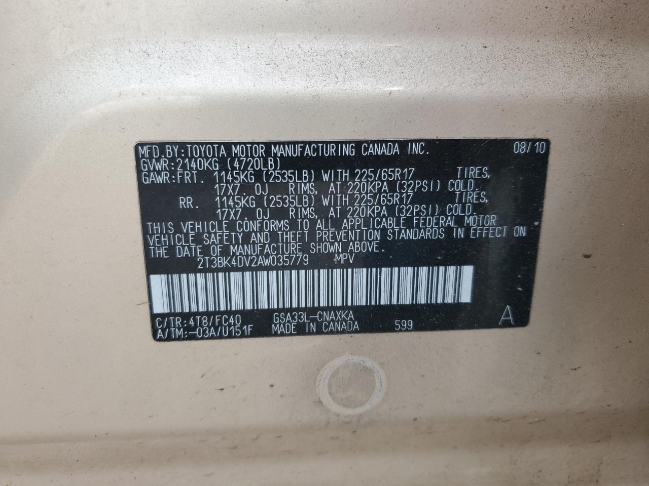 2010 Toyota Rav4 VIN: 2T3BK4DV2AW035779 Lot: 86270995