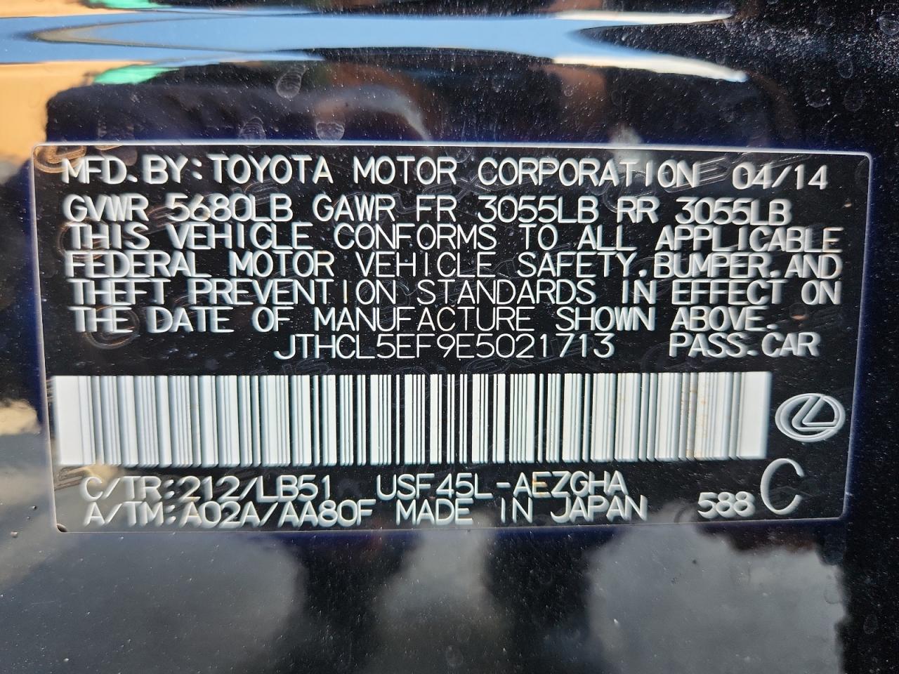 2014 Lexus Ls 460 VIN: JTHCL5EF9E5021713 Lot: 87434765