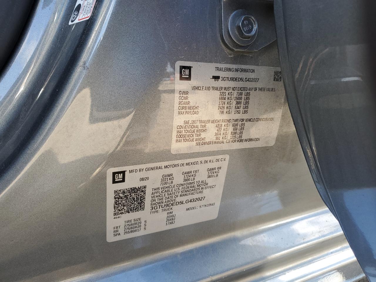 2020 GMC Sierra K1500 Slt VIN: 3GTU9DED5LG432027 Lot: 90362725