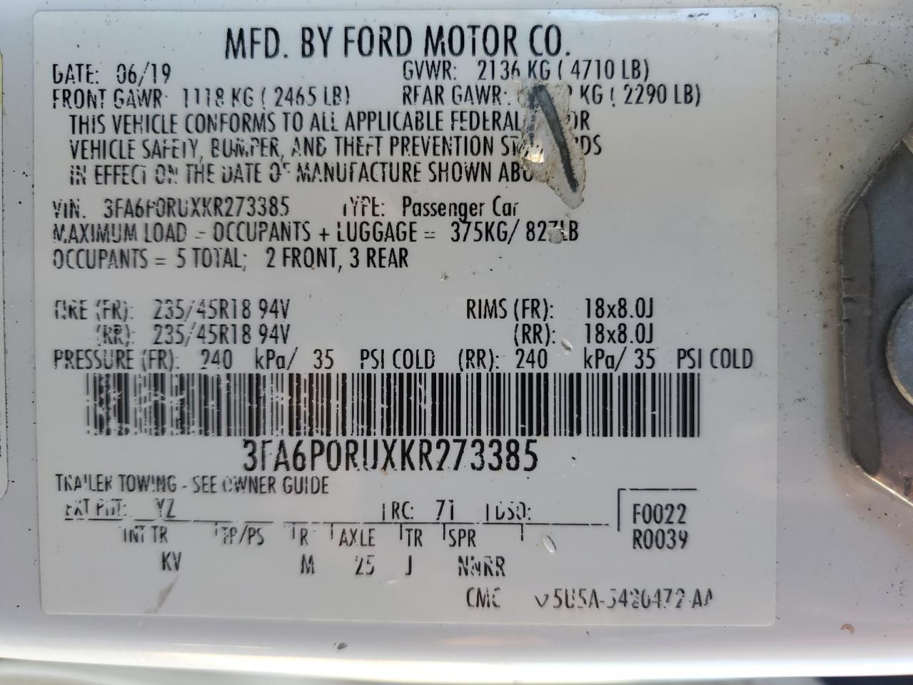 2019 Ford Fusion Titanium VIN: 3FA6P0RUXKR273385 Lot: 86305735