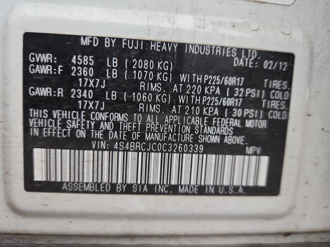 2012 Subaru Outback 2.5I Limited VIN: 4S4BRCJC0C3260339 Lot: 91249505