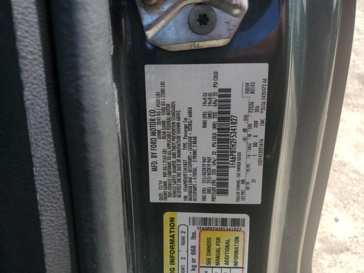 2015 Ford Mustang VIN: 1FA6P8TH2F5341827 Lot: 85502065