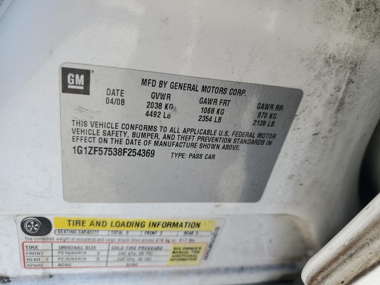 2008 Chevrolet Malibu Hybrid VIN: 1G1ZF57538F254369 Lot: 85912055