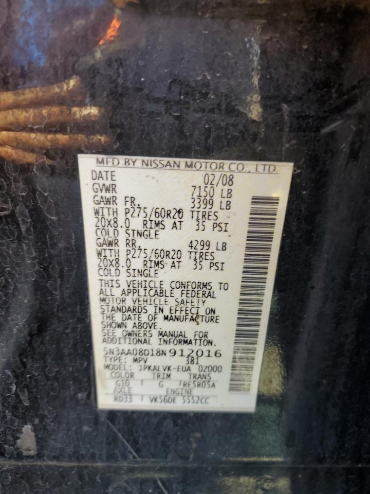 2008 Infiniti Qx56 VIN: 5N3AA08D18N912016 Lot: 84811985