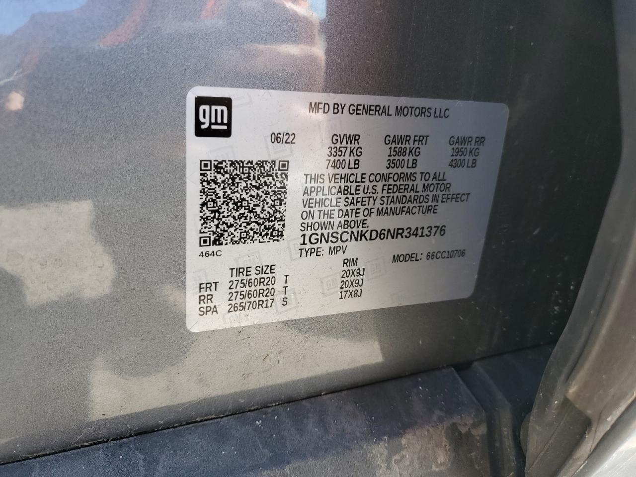 2022 Chevrolet Tahoe C1500 Lt VIN: 1GNSCNKD6NR341376 Lot: 90649015