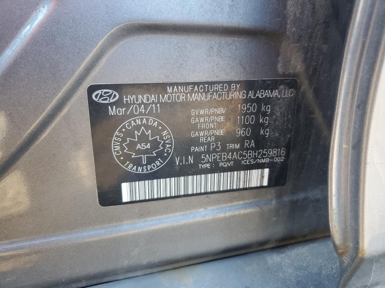 2011 Hyundai Sonata Gls VIN: 5NPEB4AC5BH259816 Lot: 85383365