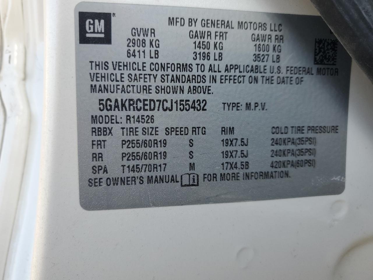 2012 Buick Enclave VIN: 5GAKRCED7CJ155432 Lot: 86304325