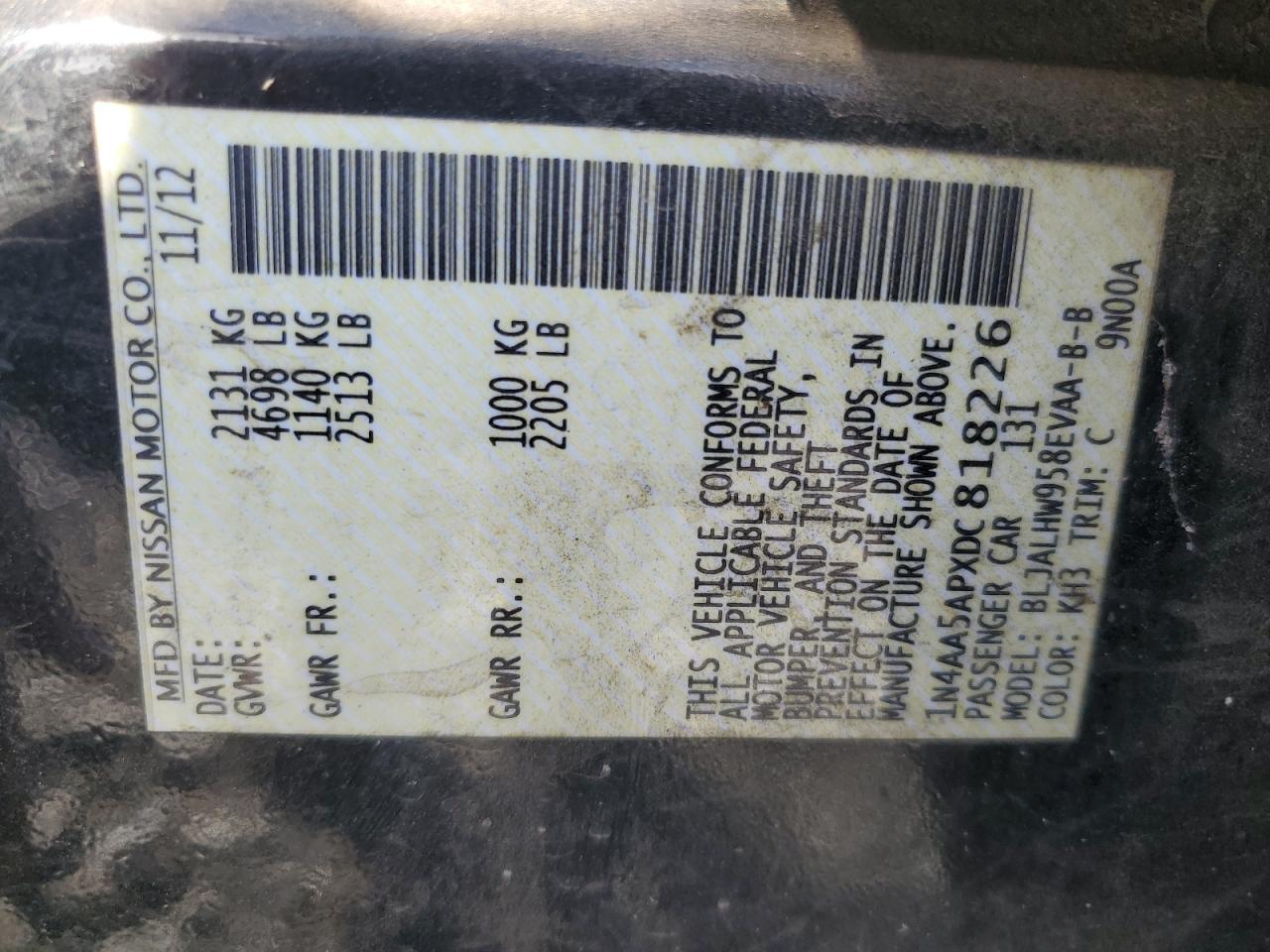 2013 Nissan Maxima S VIN: 1N4AA5APXDC818226 Lot: 82269725