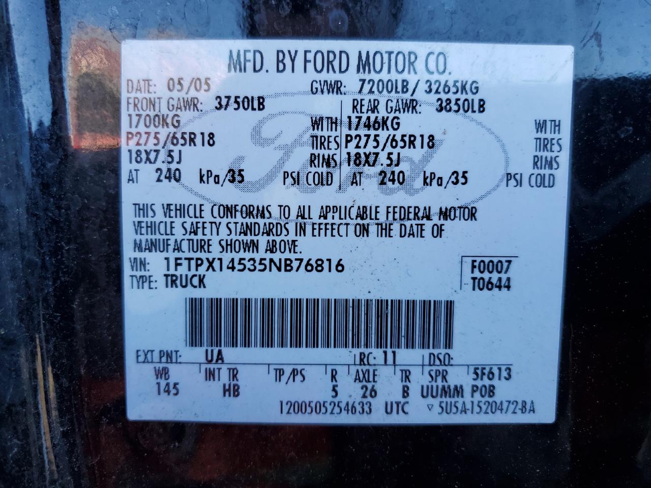 2005 Ford F150 VIN: 1FTPX14535NB76816 Lot: 87099825