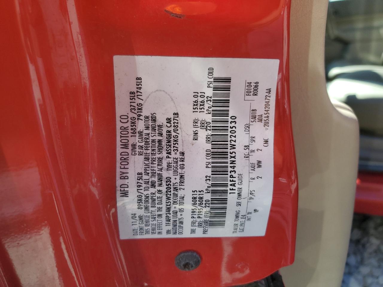 2005 Ford Focus Zx4 VIN: 1FAFP34NX5W220530 Lot: 85170255