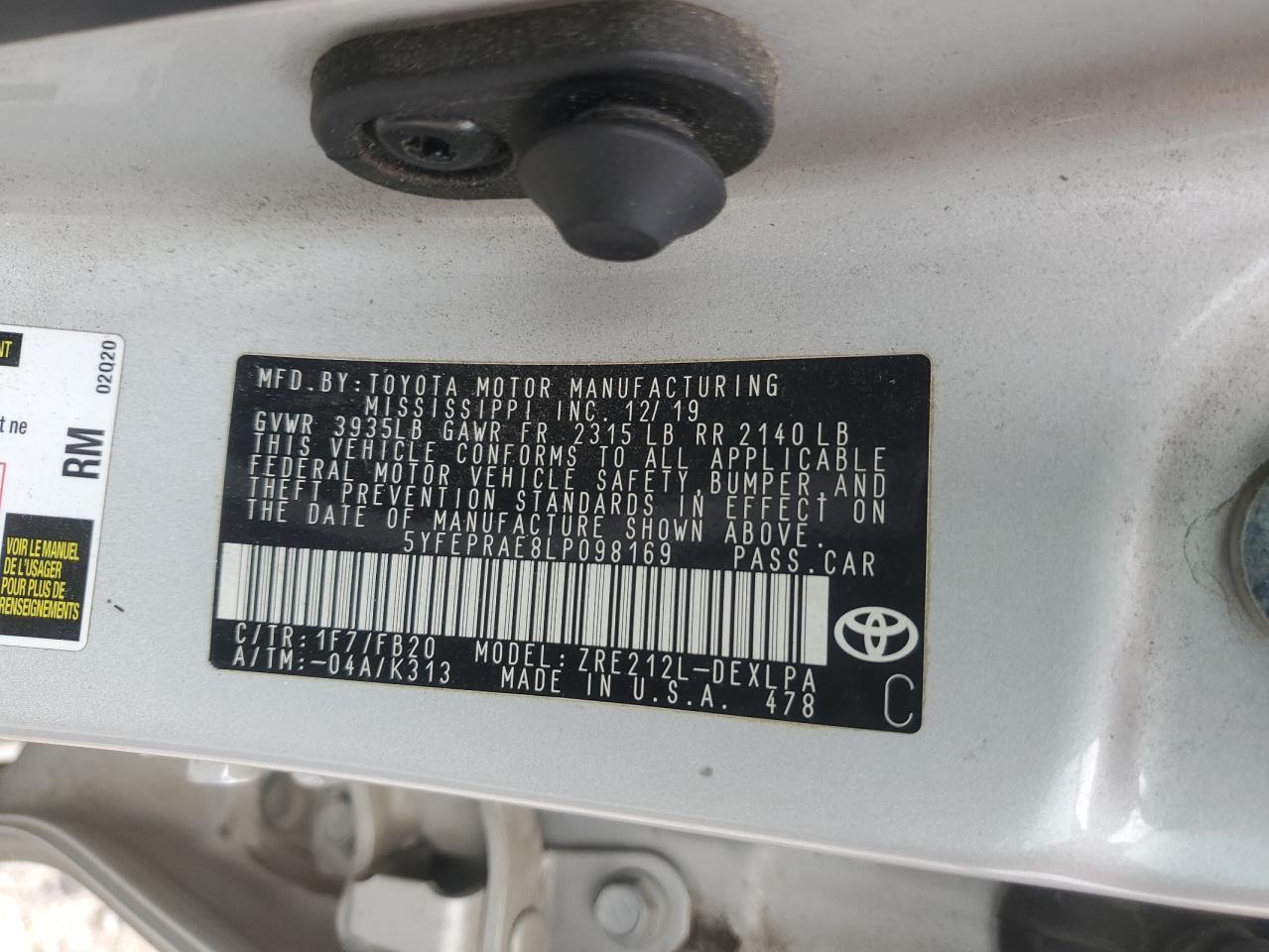 2020 Toyota Corolla Le VIN: 5YFEPRAE8LP098169 Lot: 85856895