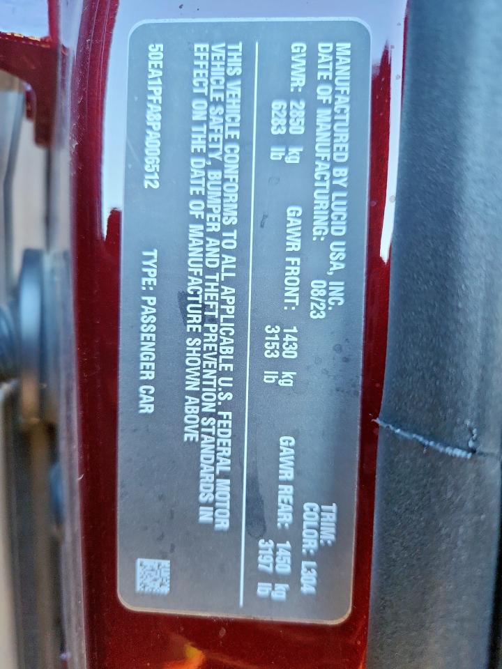 2023 Lucid Motors Air Pure VIN: 50EA1PFA8PA006512 Lot: 91040025