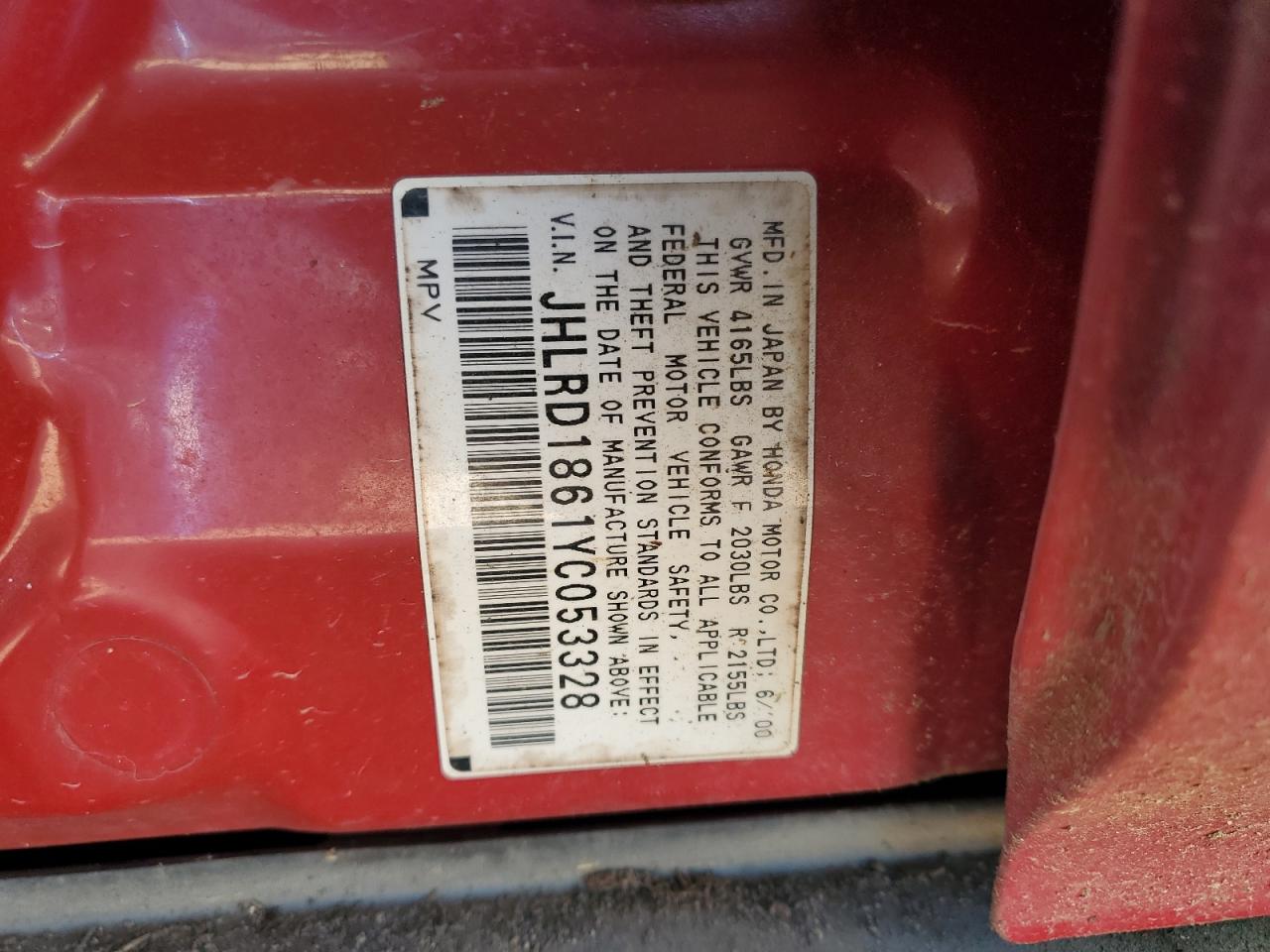 2000 Honda Cr-V Ex VIN: JHLRD1861YC053328 Lot: 89859065