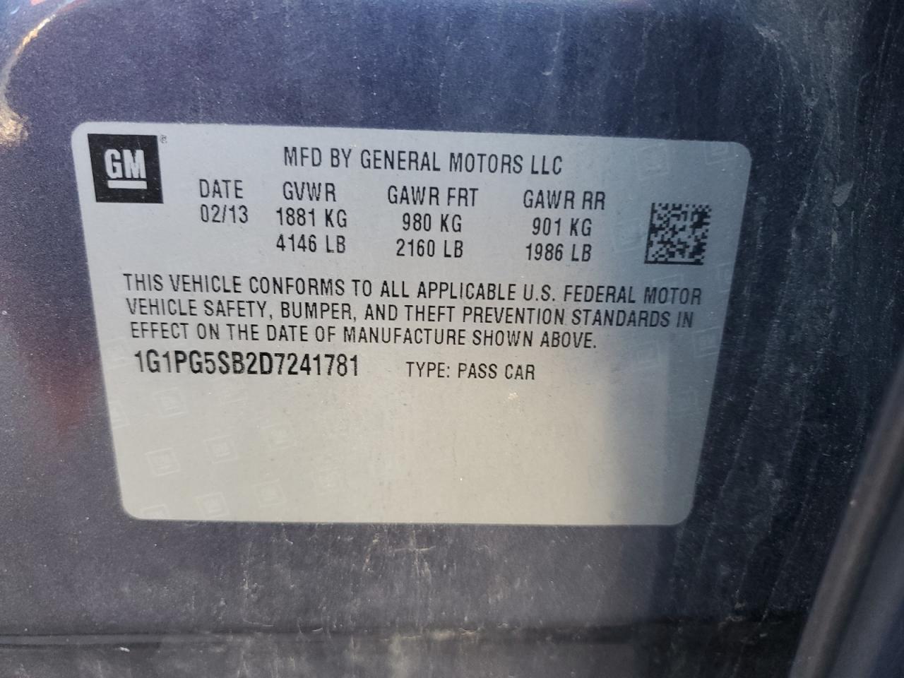 2013 Chevrolet Cruze Ltz VIN: 1G1PG5SB2D7241781 Lot: 84878285