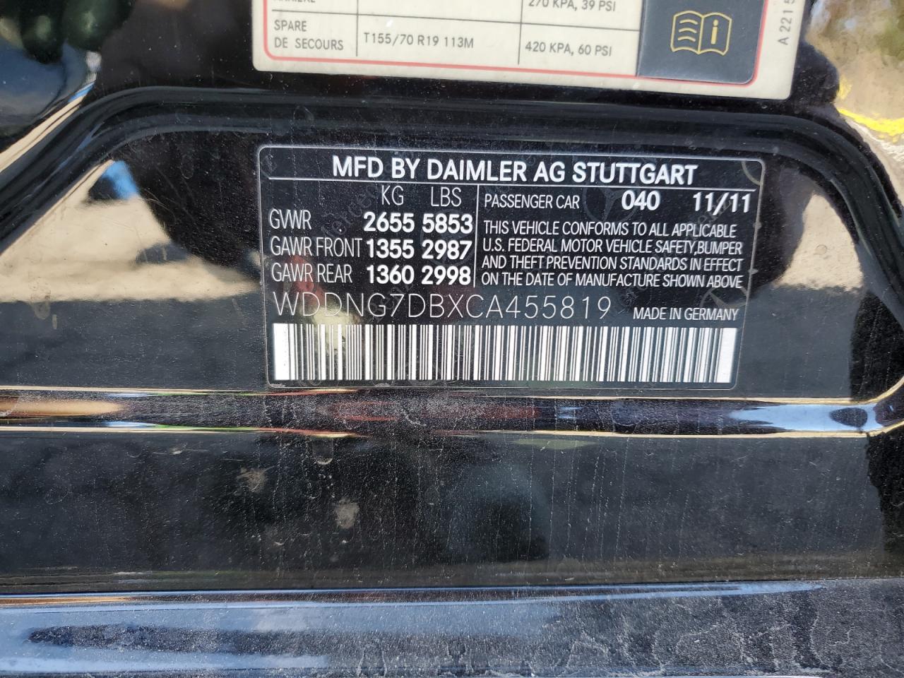 2012 Mercedes-Benz S 550 VIN: WDDNG7DBXCA455819 Lot: 82690025