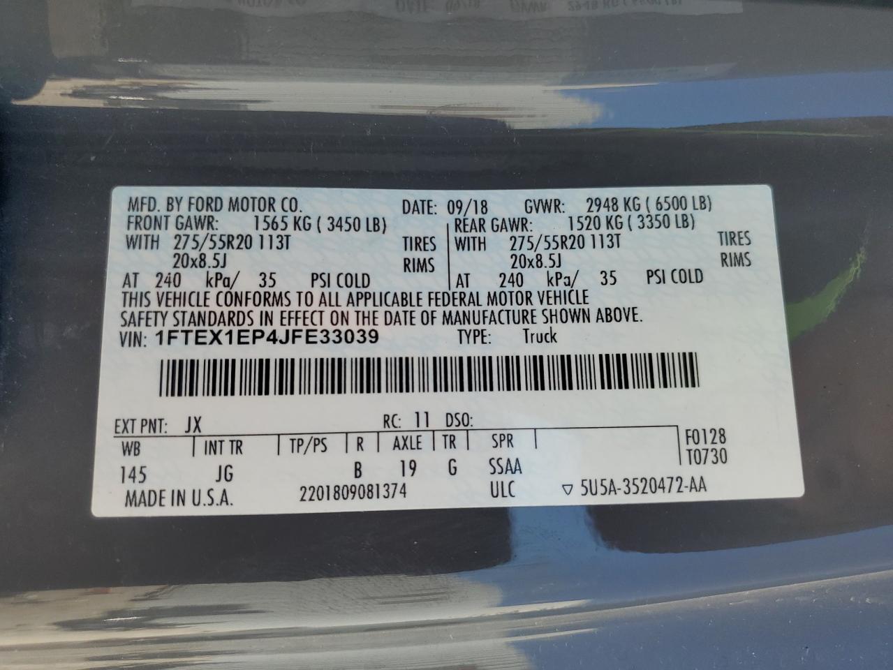 2018 Ford F150 Super Cab VIN: 1FTEX1EP4JFE33039 Lot: 85818715