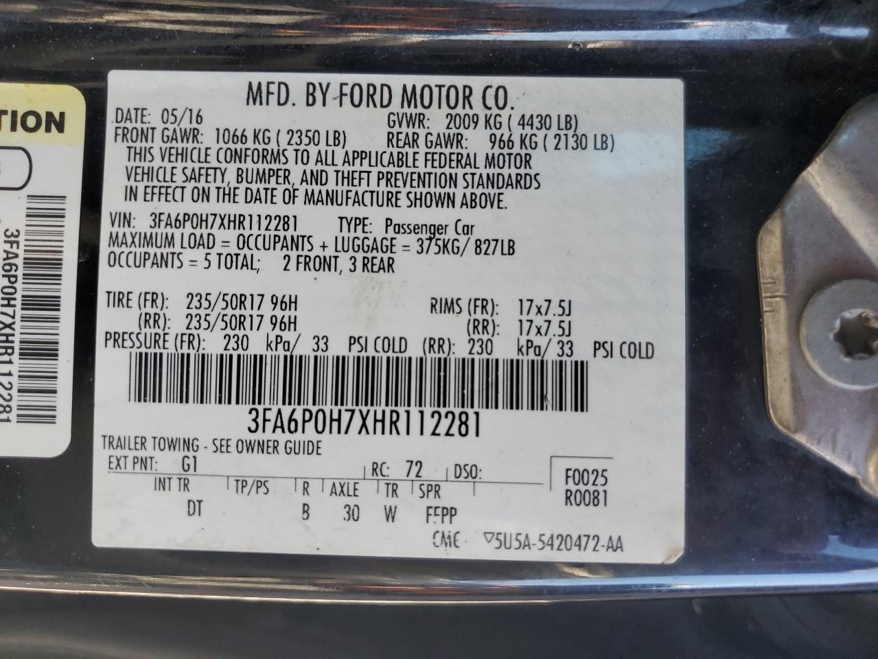 2017 Ford Fusion Se VIN: 3FA6P0H7XHR112281 Lot: 85580785