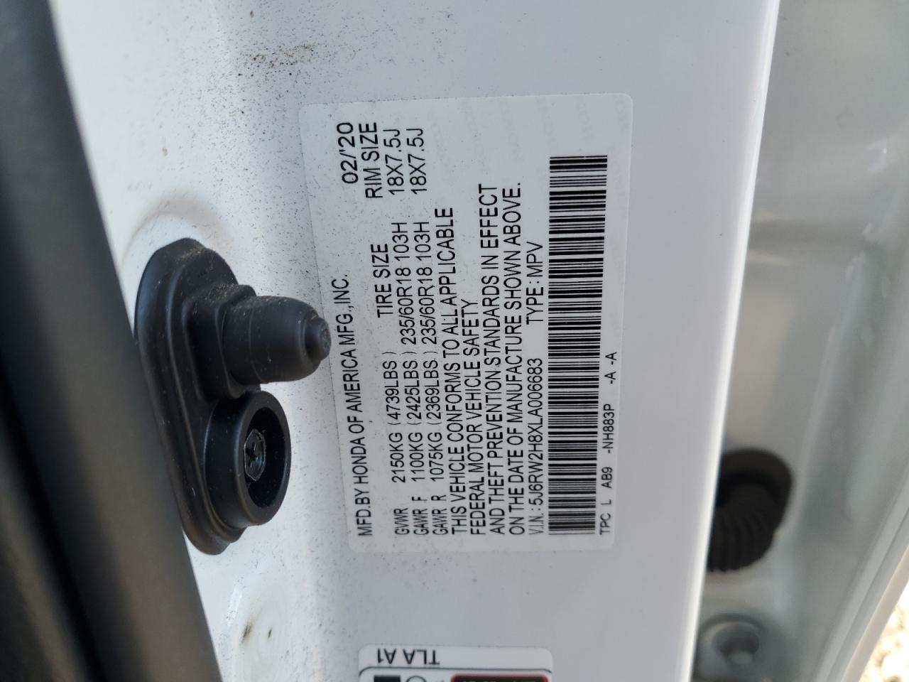 2020 Honda Cr-V Exl VIN: 5J6RW2H8XLA006683 Lot: 86301185