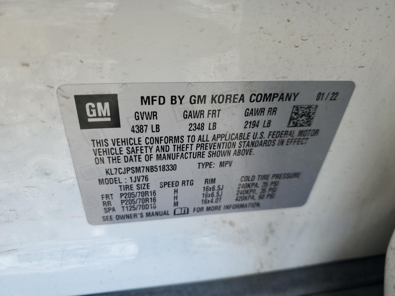 2022 Chevrolet Trax 1Lt VIN: KL7CJPSM7NB518330 Lot: 87356595