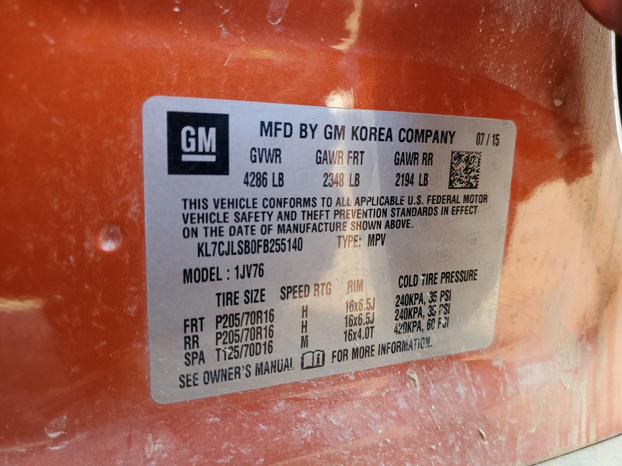 2015 Chevrolet Trax 1Lt VIN: KL7CJLSB0FB255140 Lot: 82647685