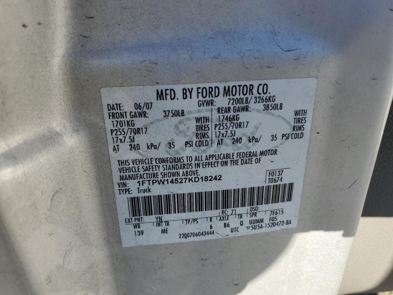 2007 Ford F150 Supercrew VIN: 1FTPW14527KD18242 Lot: 82658535