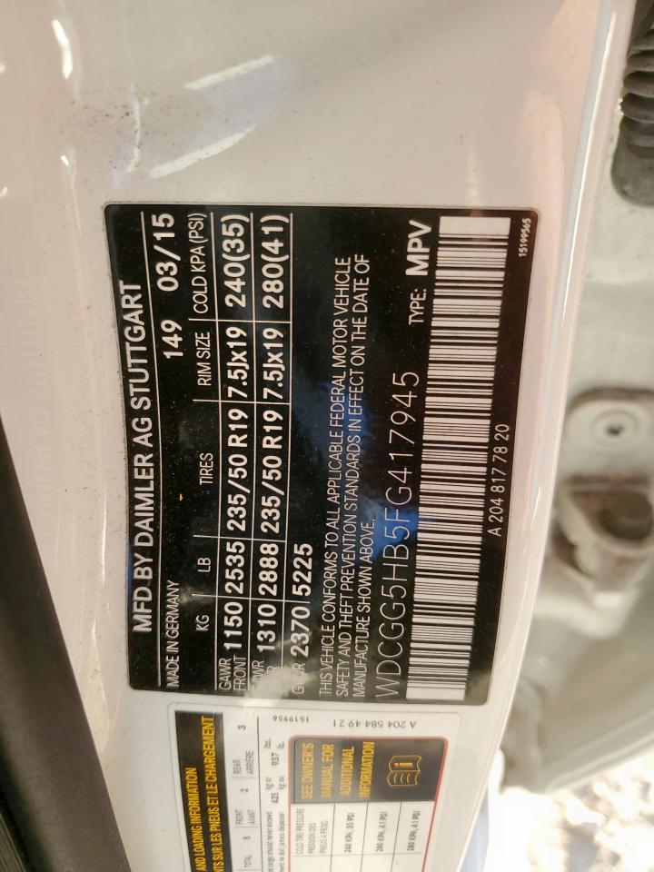 2015 Mercedes-Benz Glk 350 VIN: WDCGG5HB5FG417945 Lot: 86428585