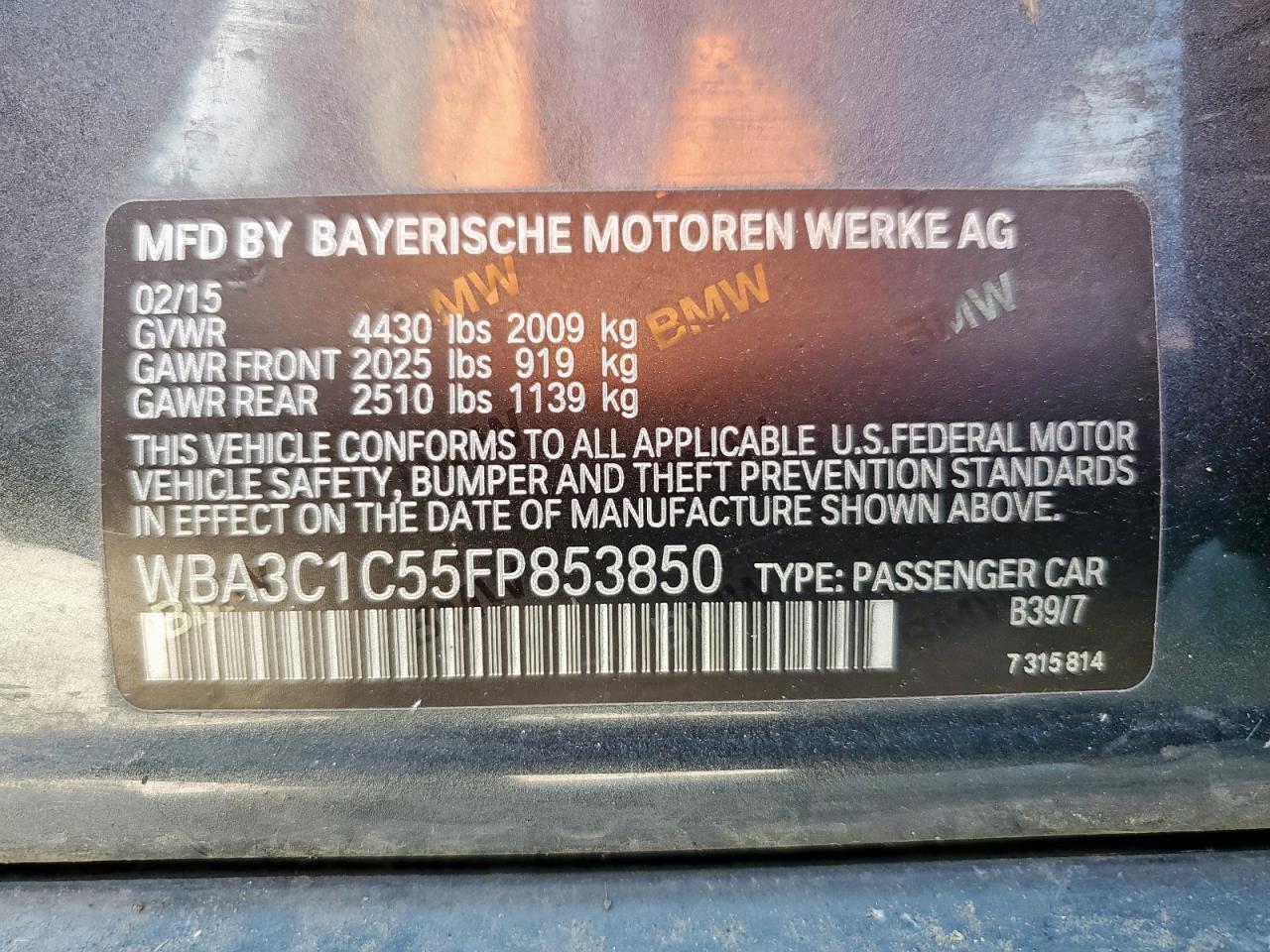 2015 BMW 328 I Sulev VIN: WBA3C1C55FP853850 Lot: 86592055